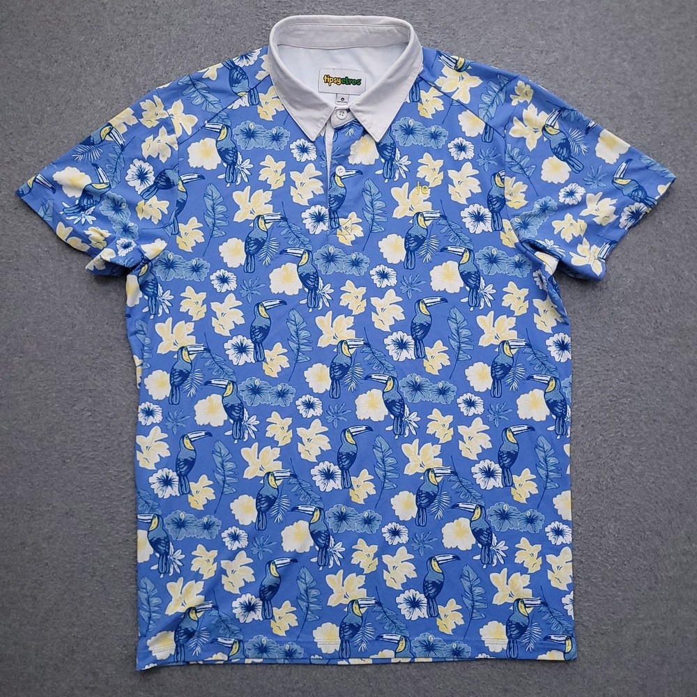 Tipsy Elves Polo Shirt Mens Medium Tucan Floral AOP Performance Golf Novelty